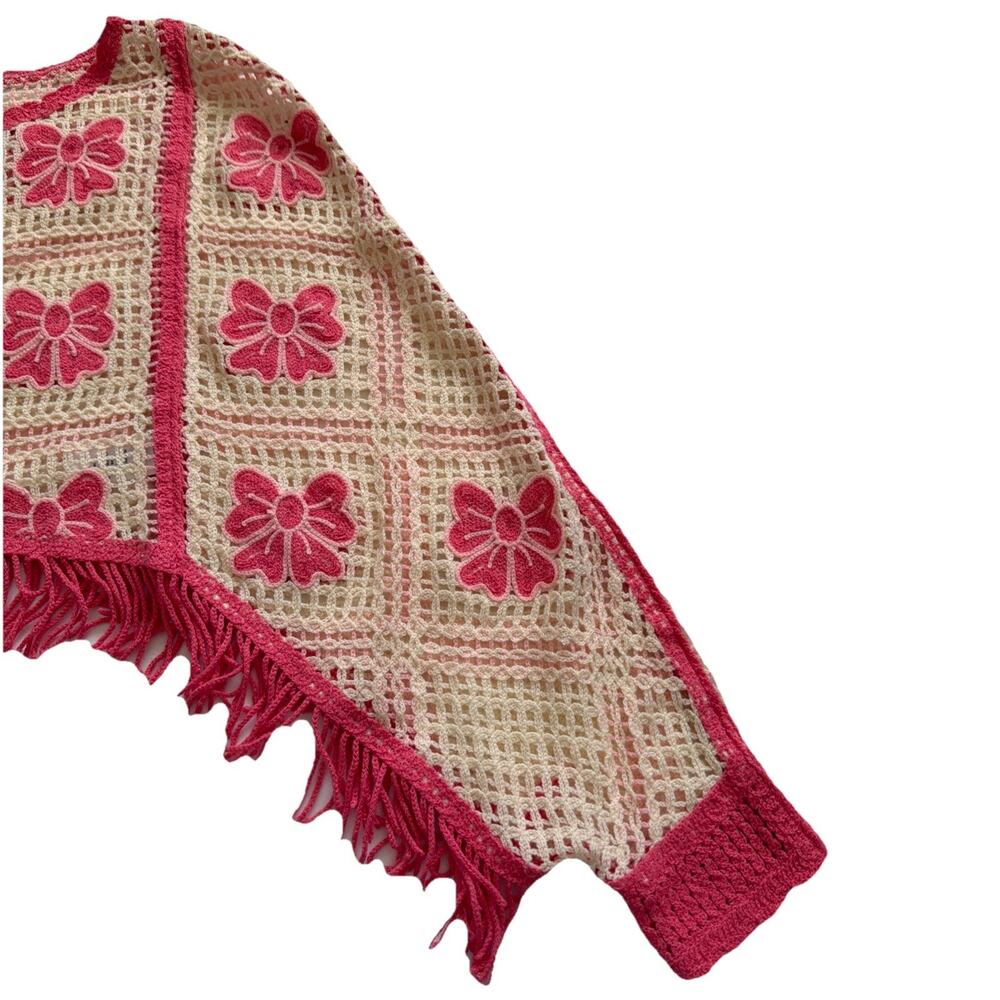 House Of Harlow Poncho OS Pink Bow Granny Square Knit Crochet Shawl Sweater READ - Picture 5 of 9